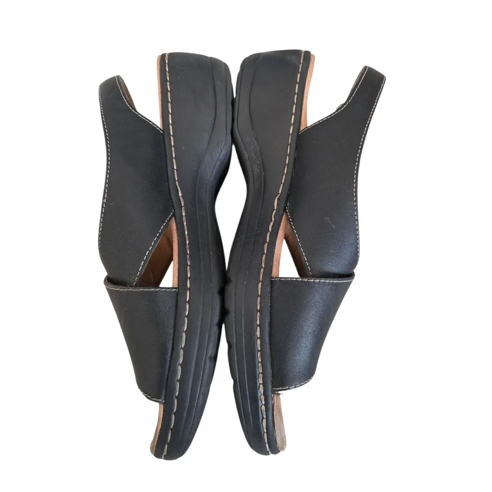 Clarks Collection Black Leather Slingback Wedge Sandals Womens‎ 9.5